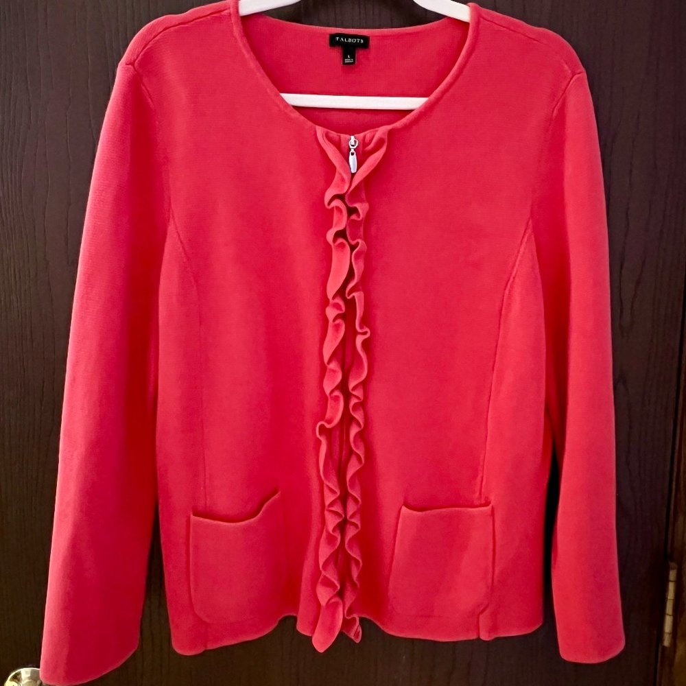 Talbots Pink Ruffle Zipper Pull Knit Cardigan